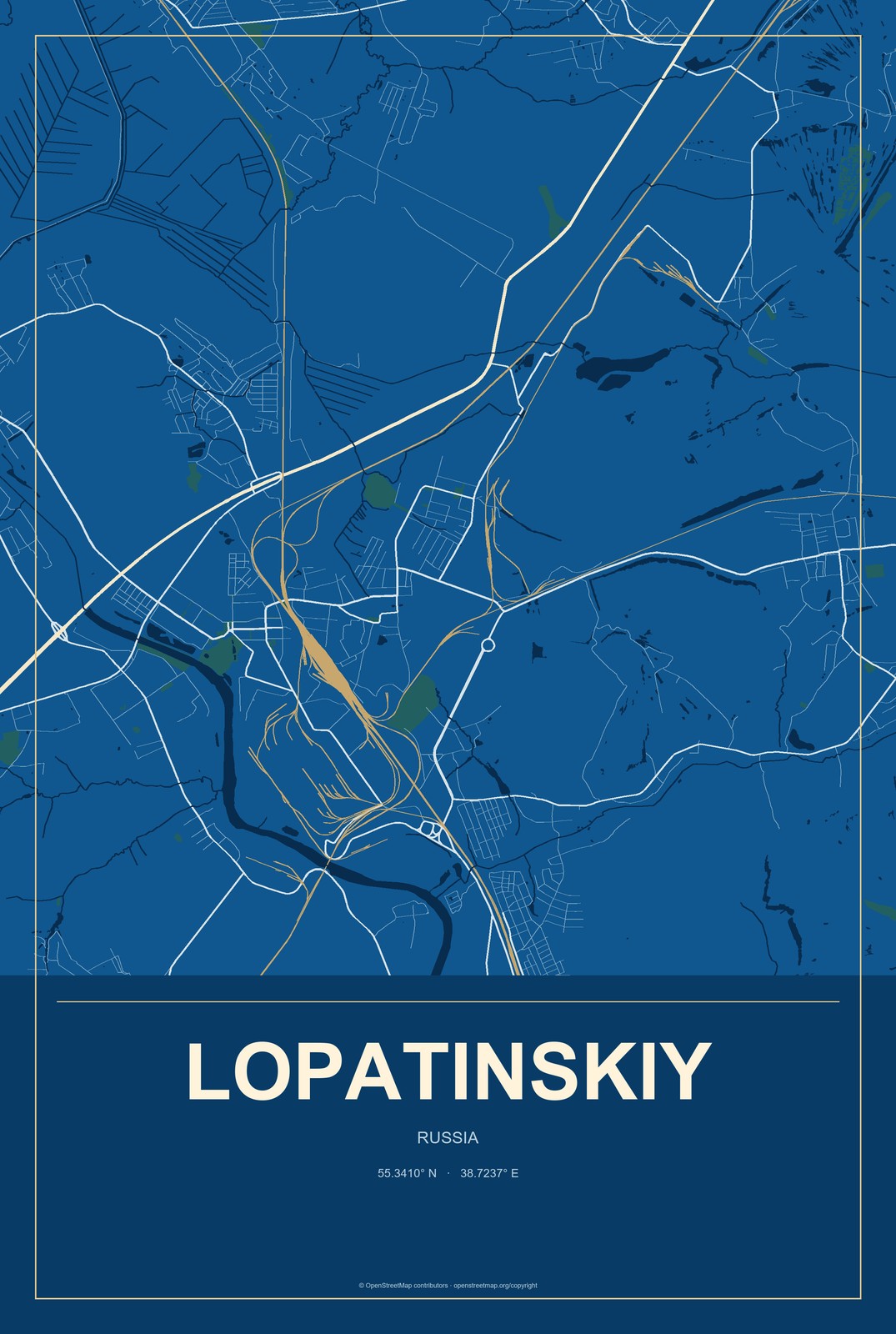 Lopatinskiy, Russia City Map Aluminum Sign in Harbor Cobalt style
