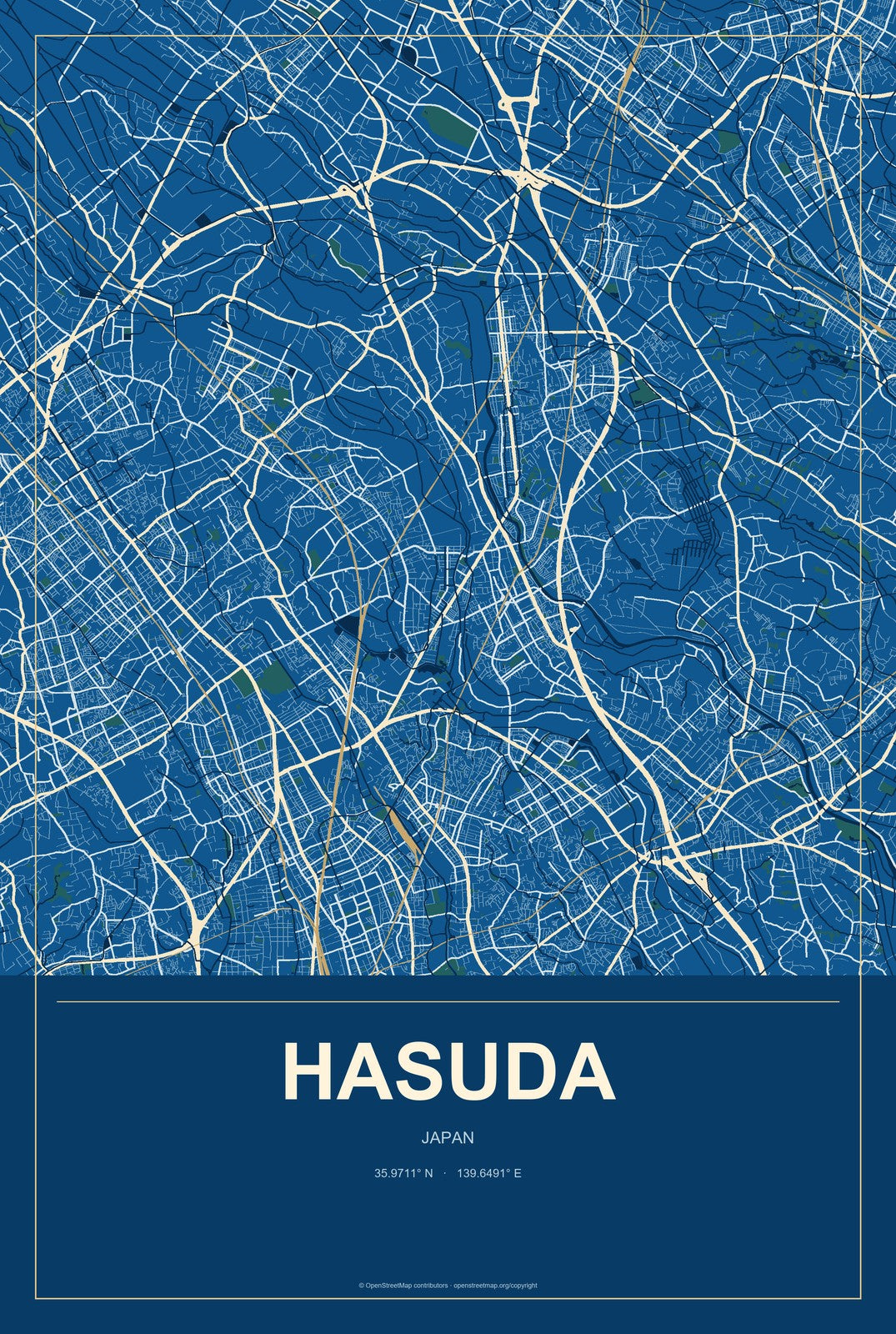 Hasuda, Japan City Map Aluminum Sign in Harbor Cobalt style