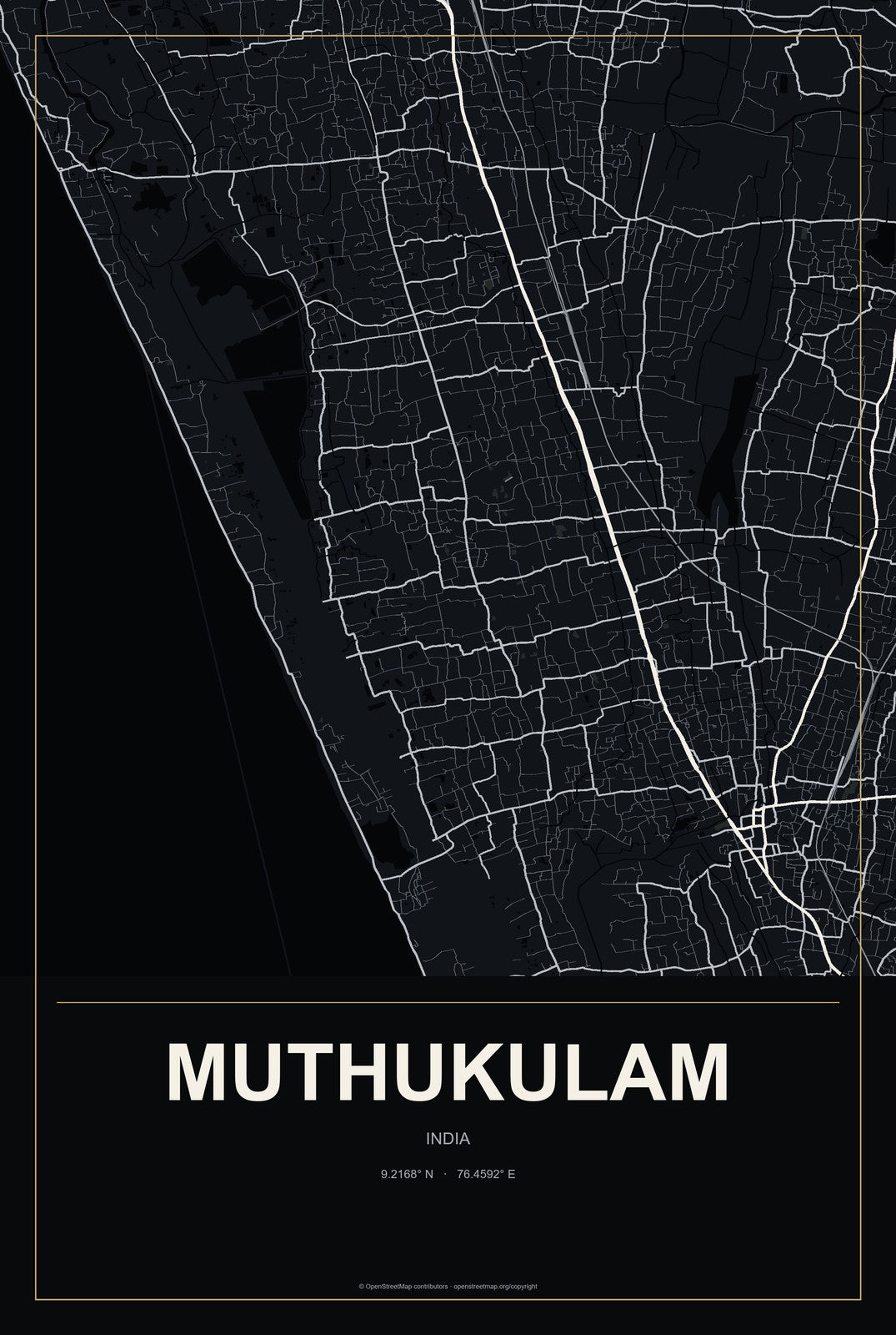 Muthukulam, India City Map Aluminum Sign in Metropolitan Noir style