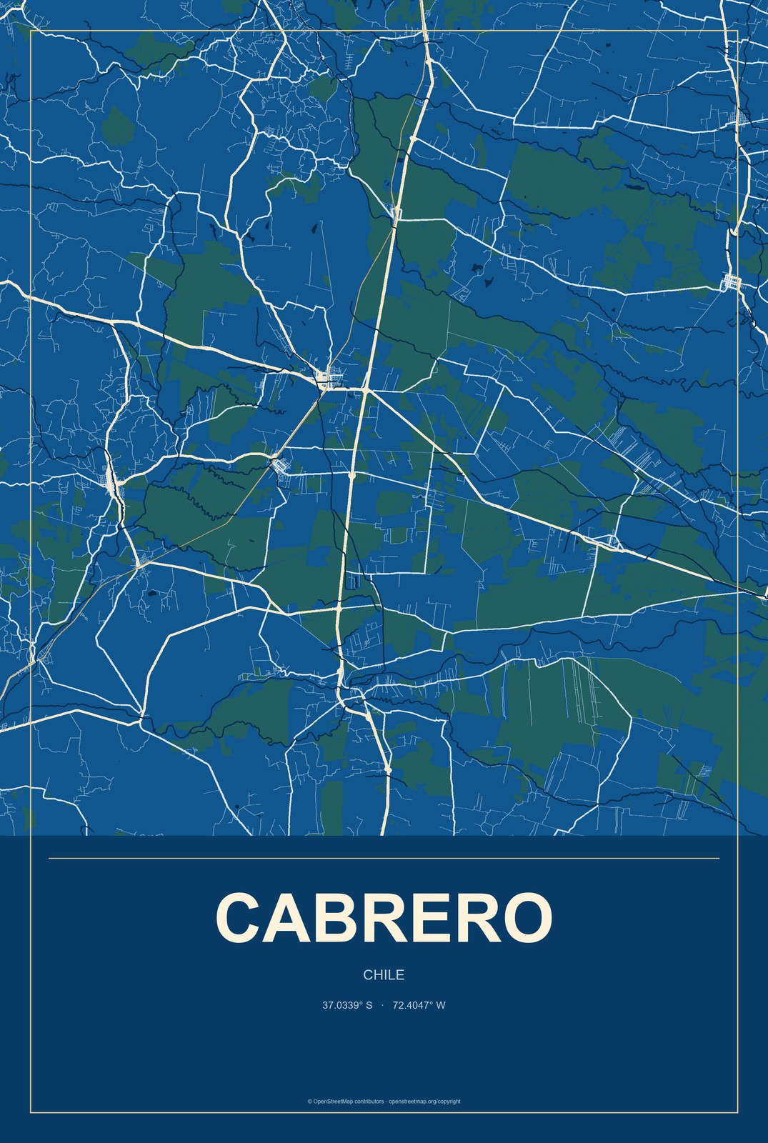 Cabrero, Chile City Map Aluminum Sign in Harbor Cobalt style