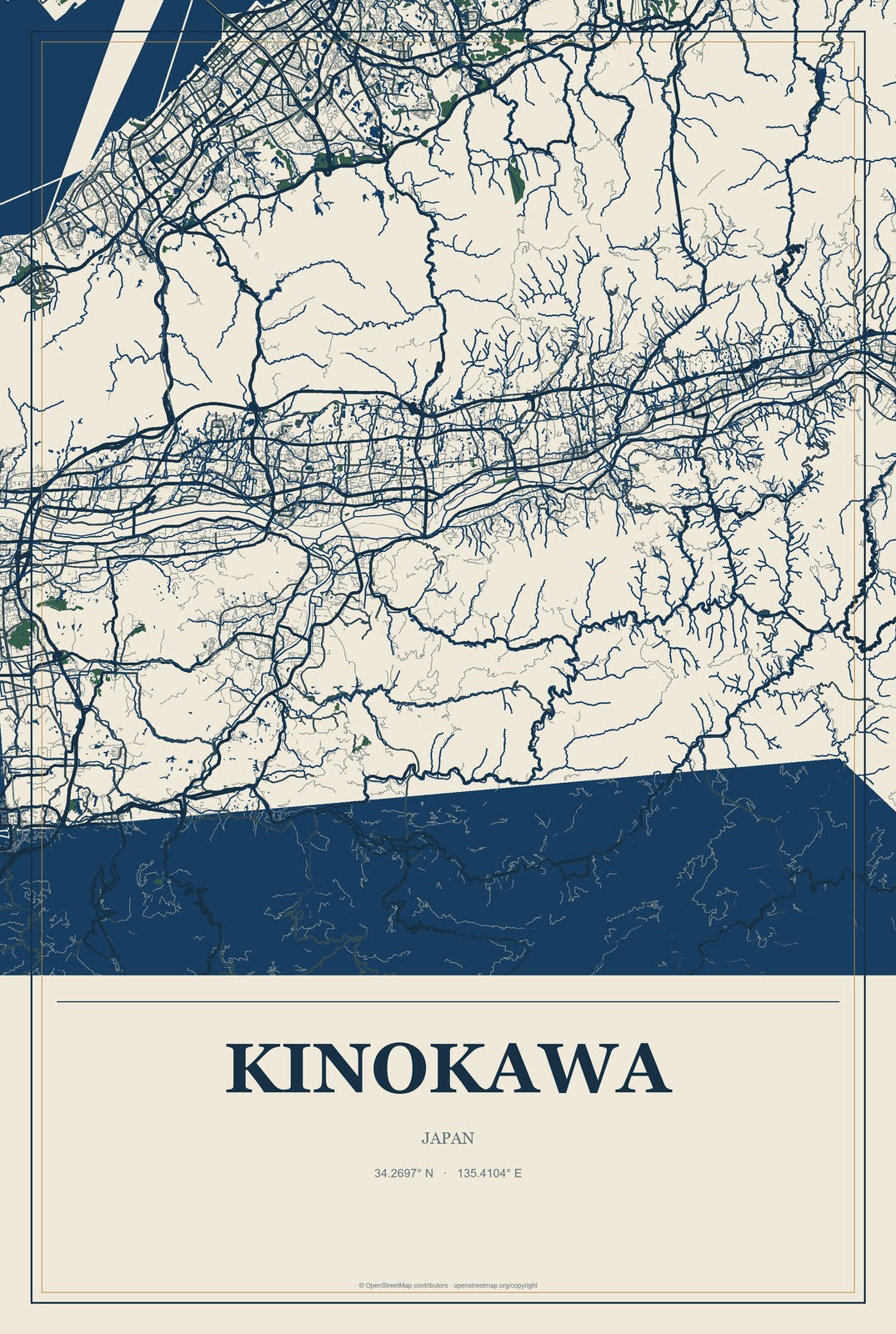 Kinokawa, Japan City Map Aluminum Sign in Coastal Cutout style