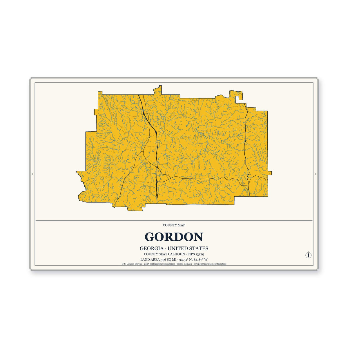 Gordon County, Georgia Map Aluminum Sign in Citrine Modern style