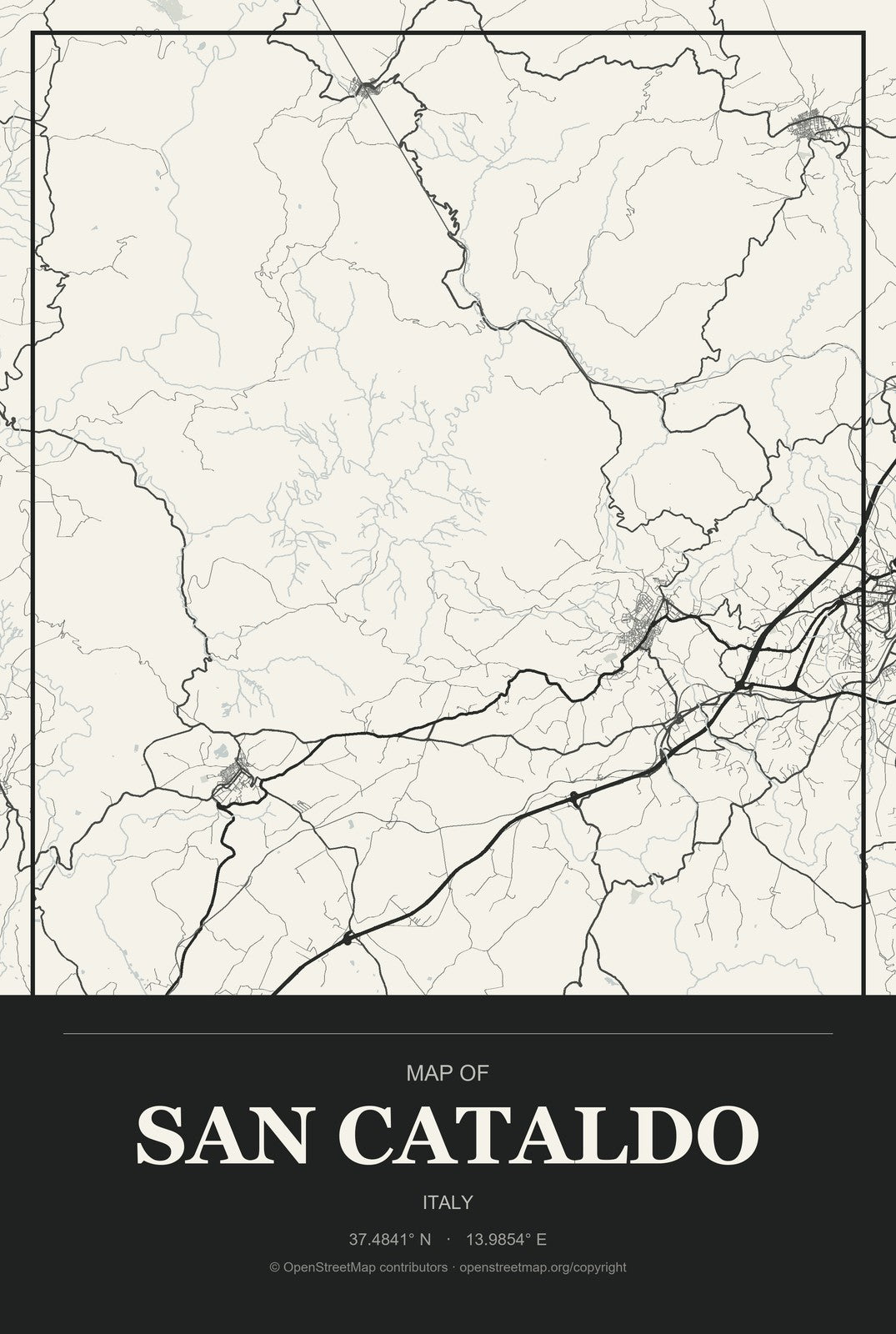 San Cataldo, Italy City Map Aluminum Sign in Museum Plaque style