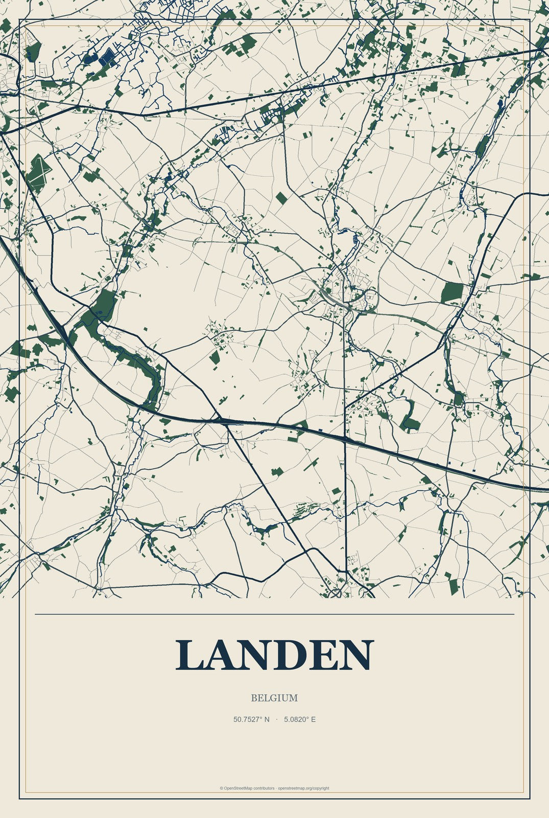 Landen, Belgium City Map Aluminum Sign in Coastal Cutout style