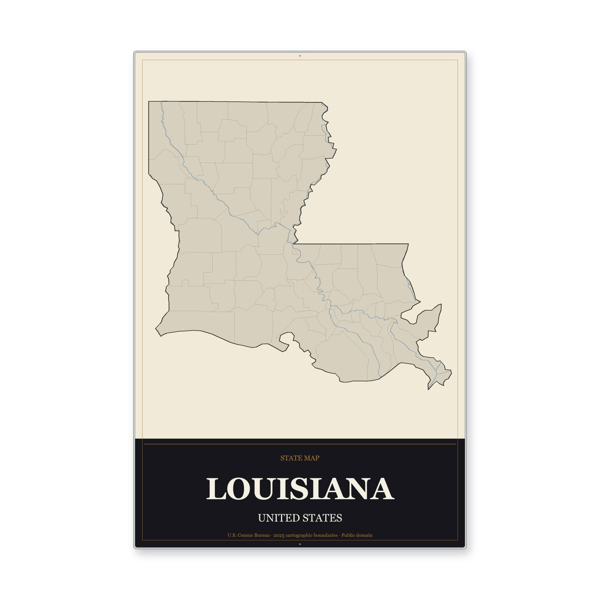 Louisiana state map aluminum sign in Museum Plaque style