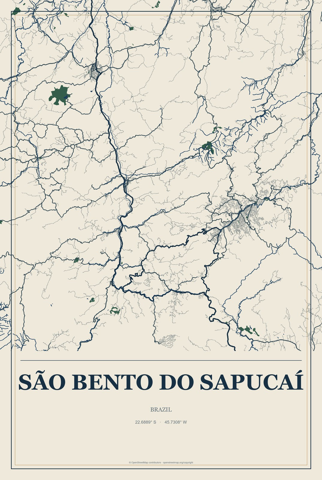 São Bento do Sapucaí, Brazil City Map Aluminum Sign in Coastal Cutout style