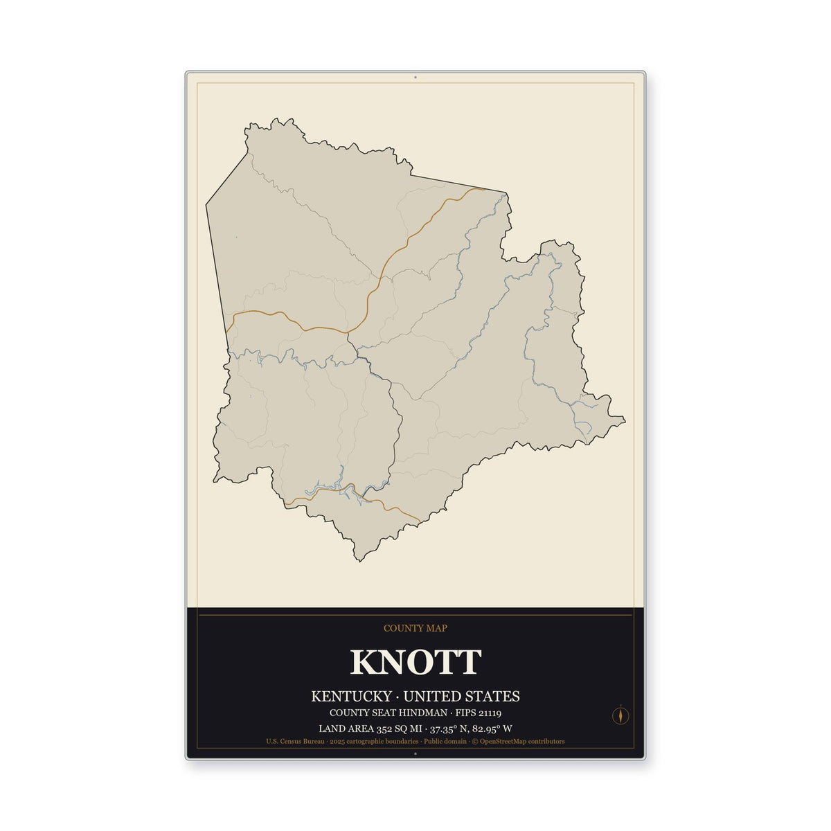 Knott County, Kentucky Map Aluminum Sign in Museum Plaque style