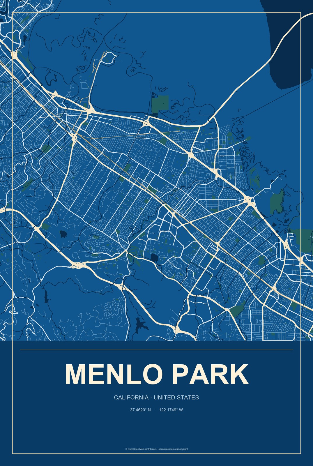 Menlo Park, California City Map Aluminum Sign in Harbor Cobalt style