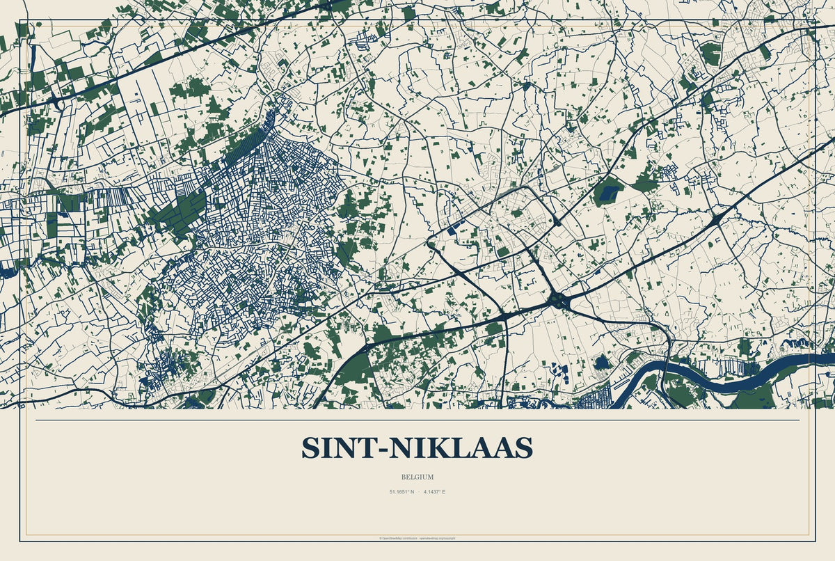 Sint-Niklaas, Belgium City Map Aluminum Sign in Coastal Cutout style