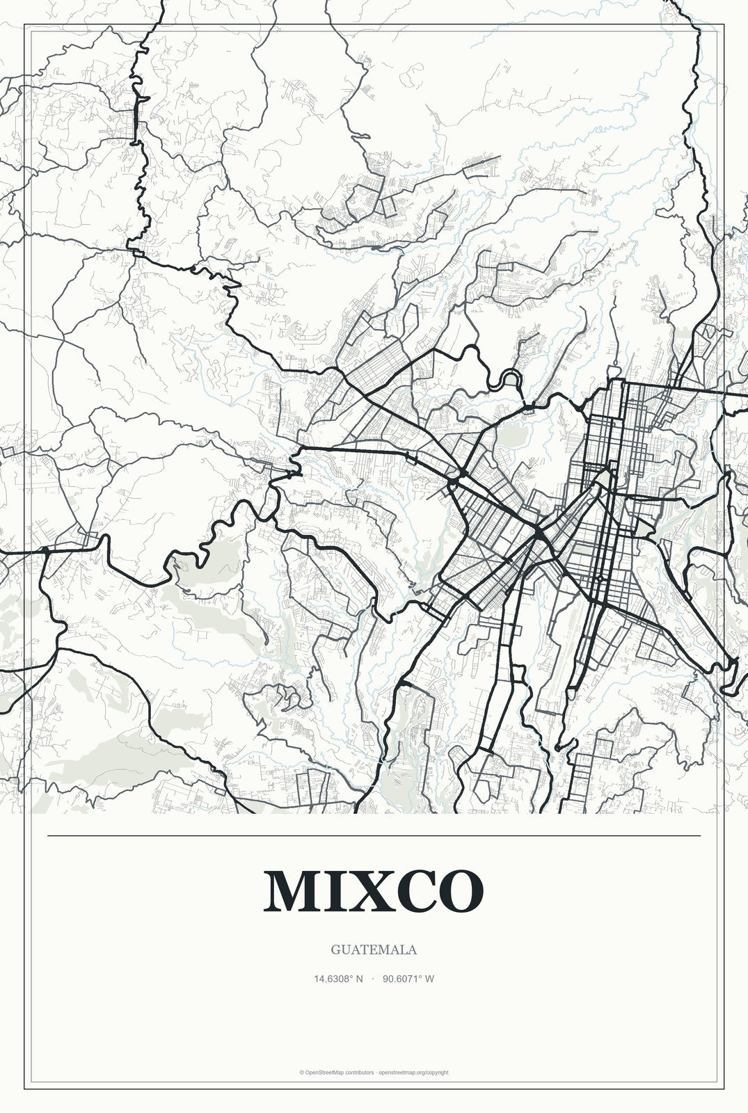 Mixco, Guatemala City Map Aluminum Sign in Gallery Air style