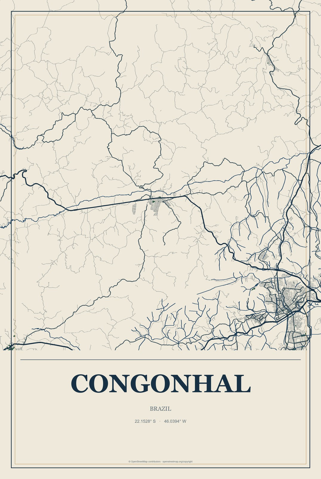 Congonhal, Brazil City Map Aluminum Sign in Coastal Cutout style
