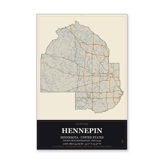 Hennepin County, Minnesota Map Aluminum Sign in Museum Plaque style
