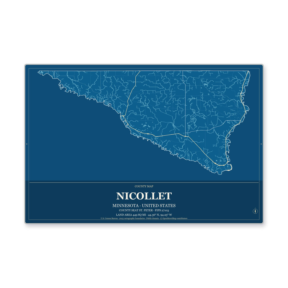 Nicollet County, Minnesota Map Aluminum Sign in Harbor Cobalt style