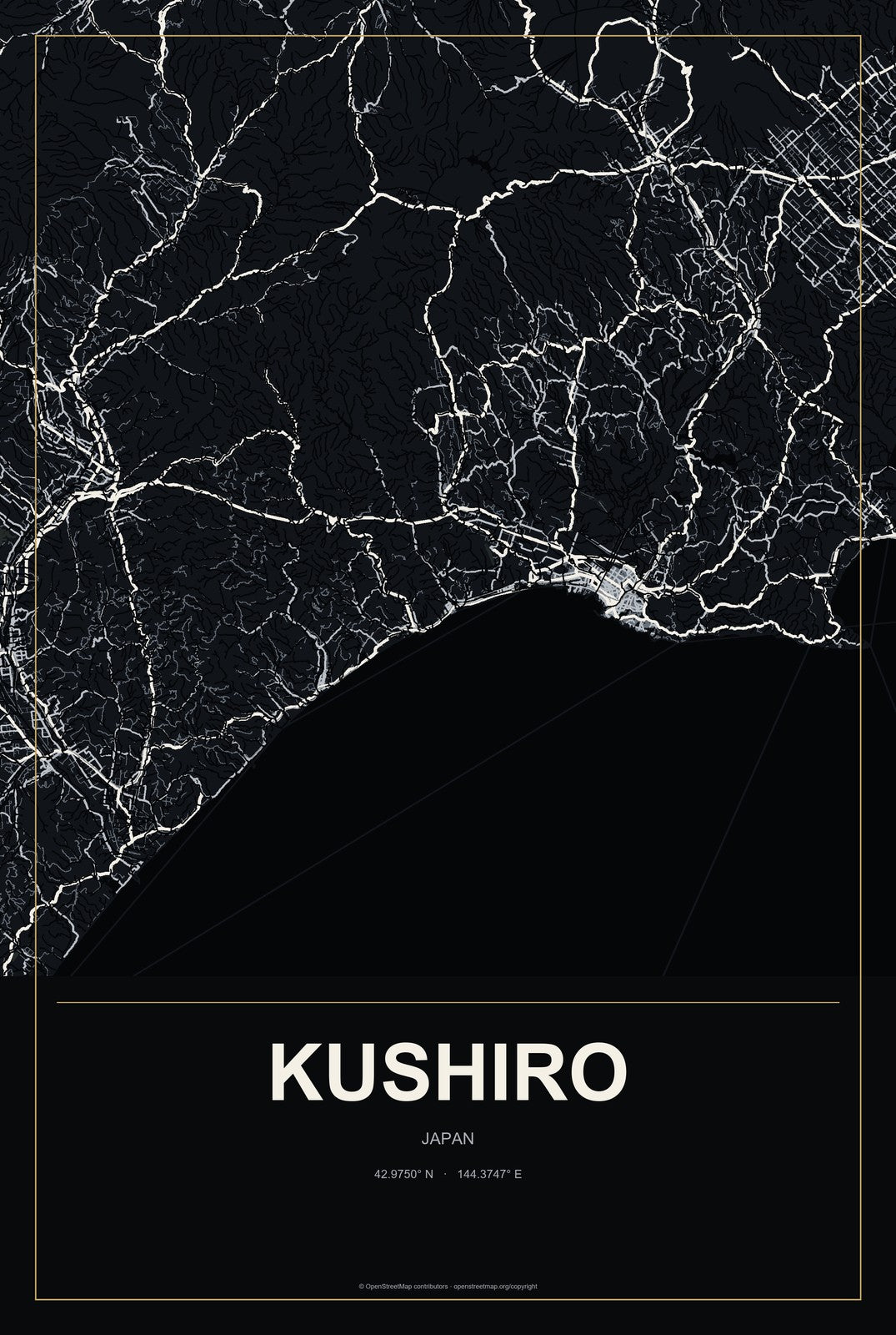 Kushiro, Japan City Map Aluminum Sign in Metropolitan Noir style