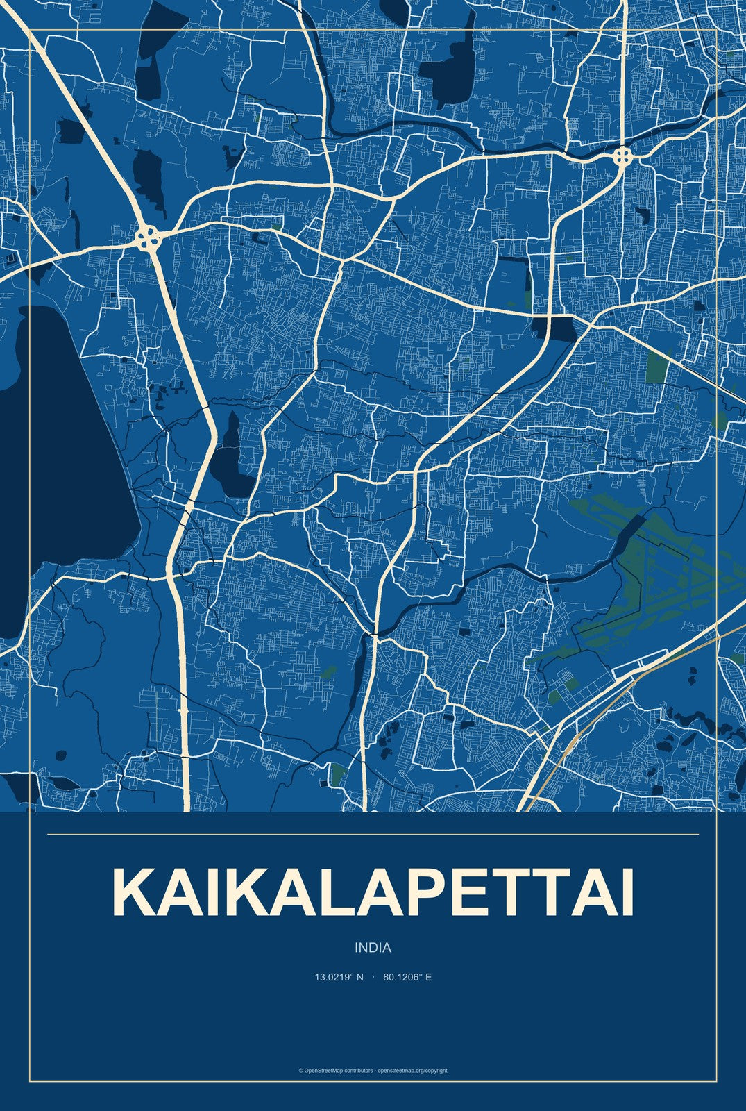 Kaikalapettai, India City Map Aluminum Sign in Harbor Cobalt style