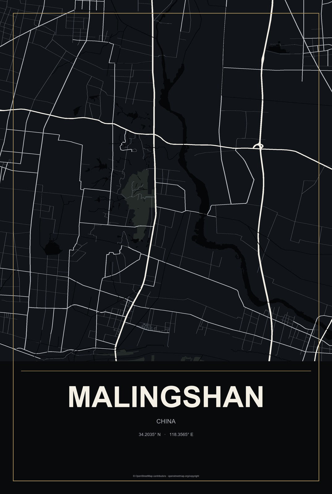 Malingshan, China City Map Aluminum Sign in Metropolitan Noir style