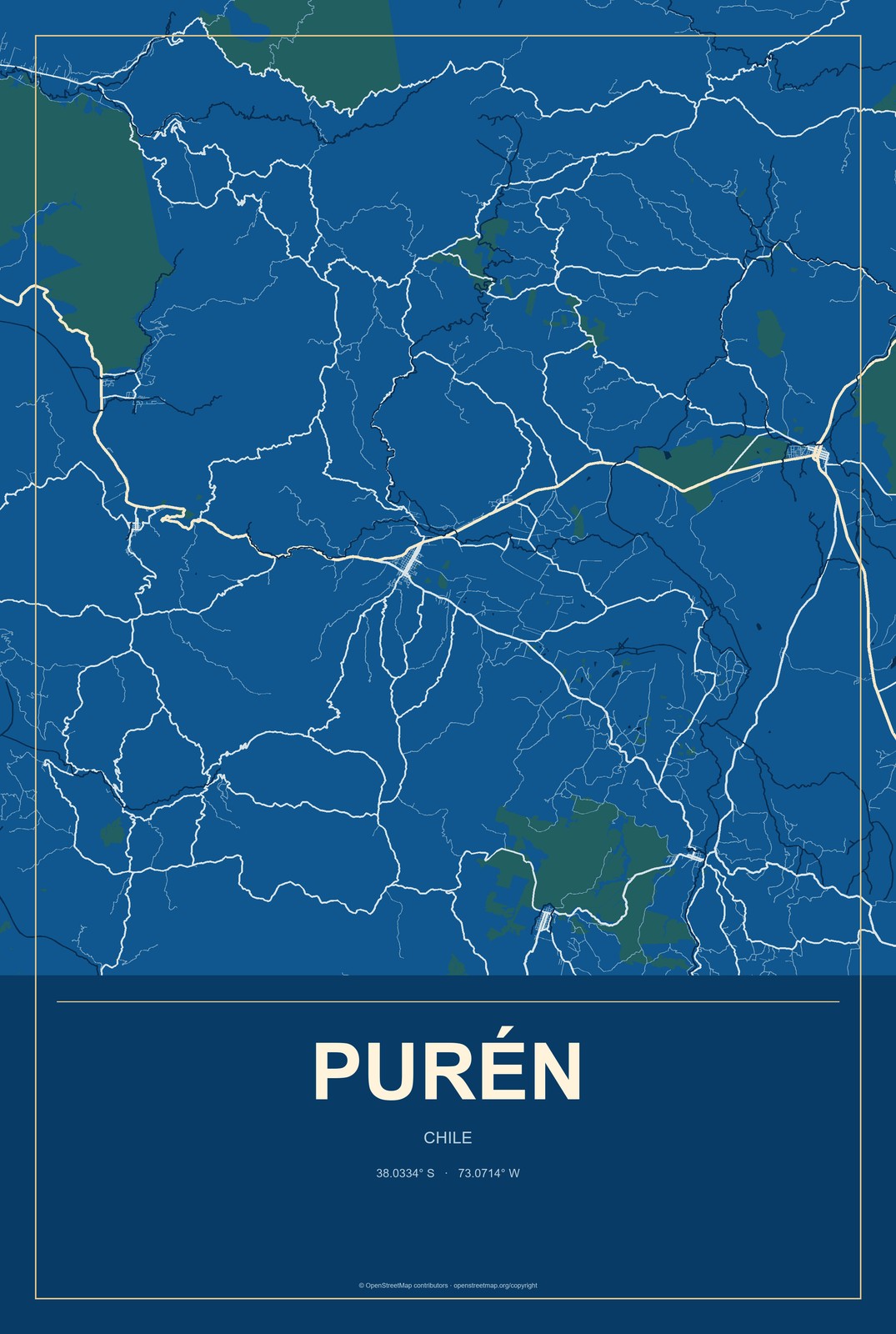 Purén, Chile City Map Aluminum Sign in Harbor Cobalt style