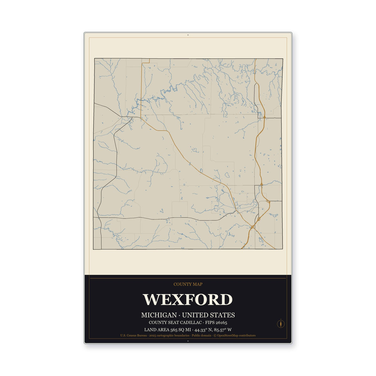 Wexford County, Michigan Map Aluminum Sign in Museum Plaque style