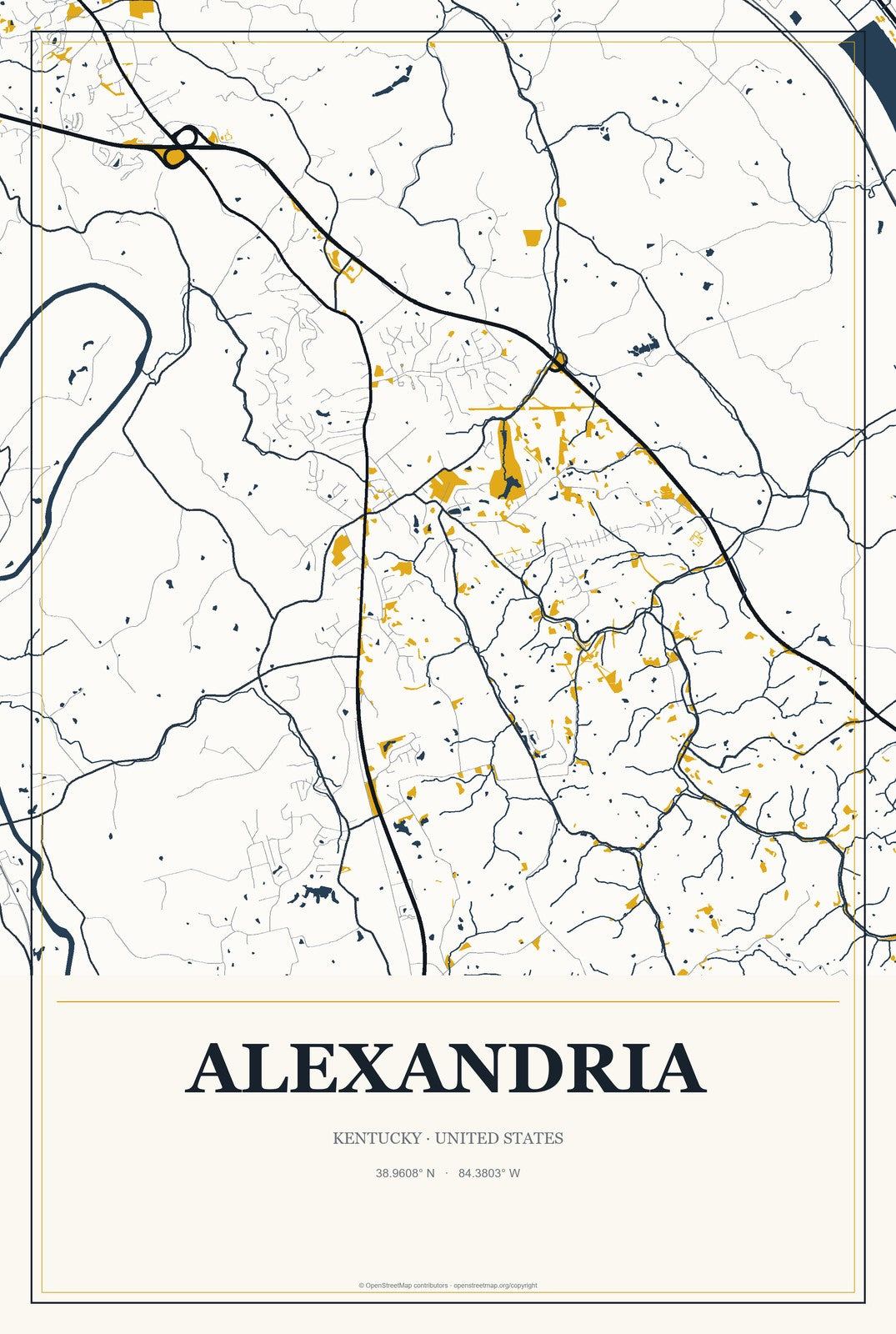 Alexandria, Kentucky City Map Aluminum Sign in Citrine Modern style