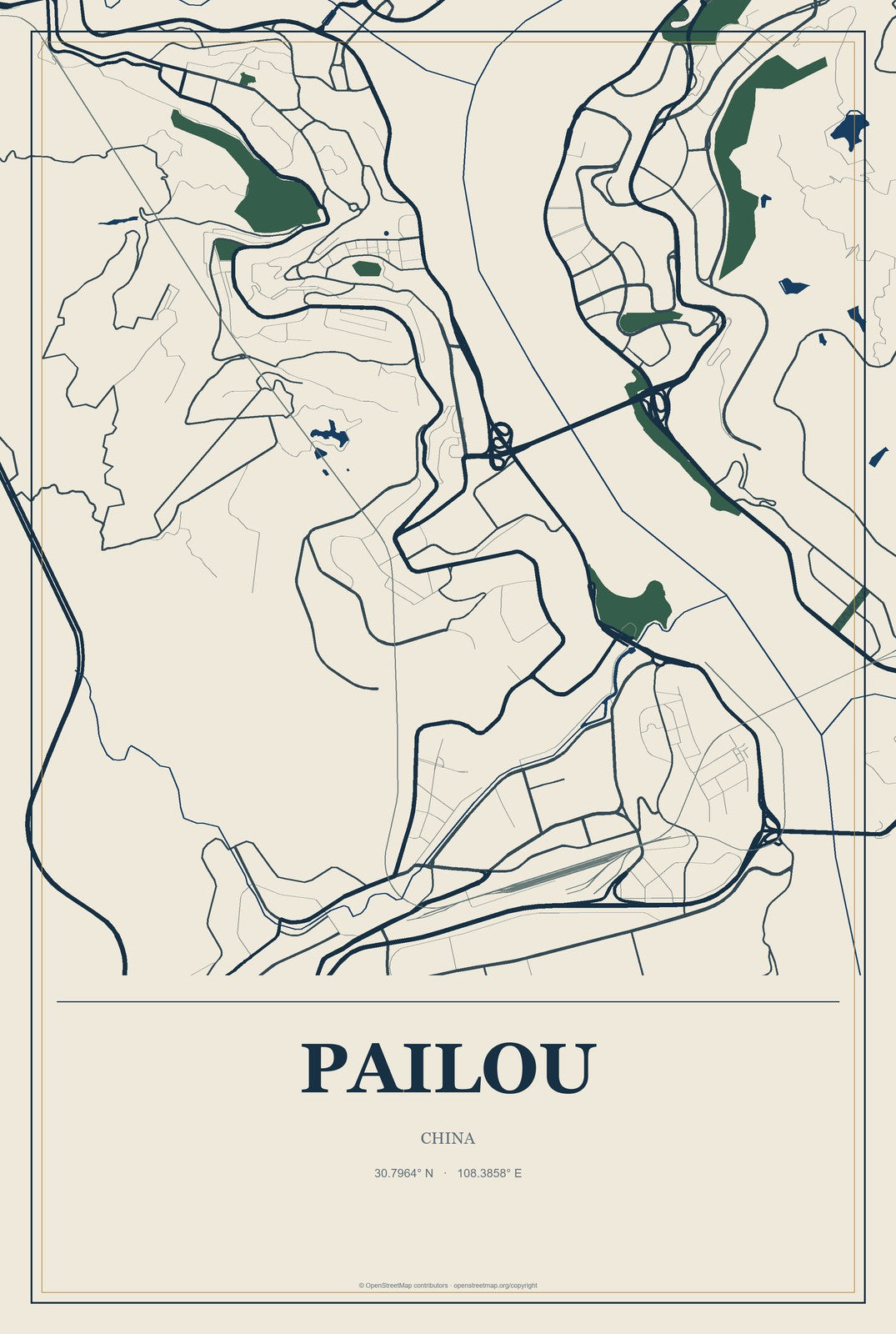 Pailou, China City Map Aluminum Sign in Coastal Cutout style