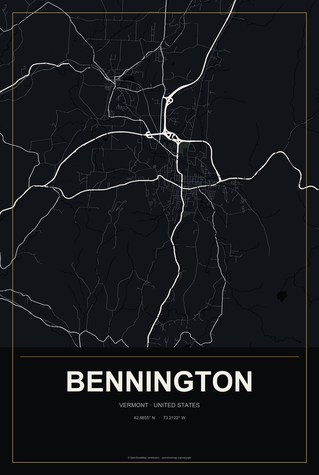 Bennington, Vermont City Map Aluminum Sign in Metropolitan Noir style