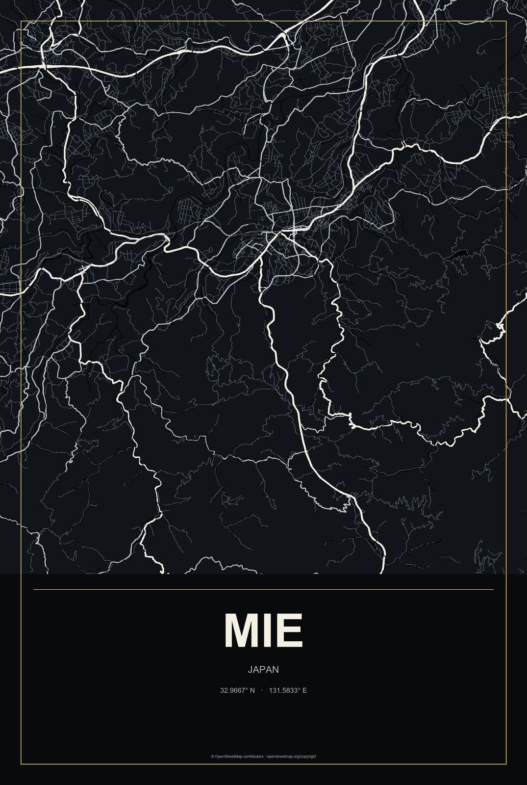 Mie, Japan City Map Aluminum Sign in Metropolitan Noir style