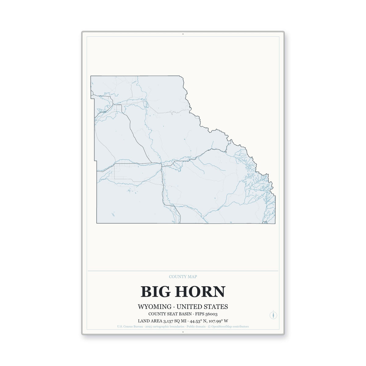 Big Horn County, Wyoming Map Aluminum Sign in Gallery Air style