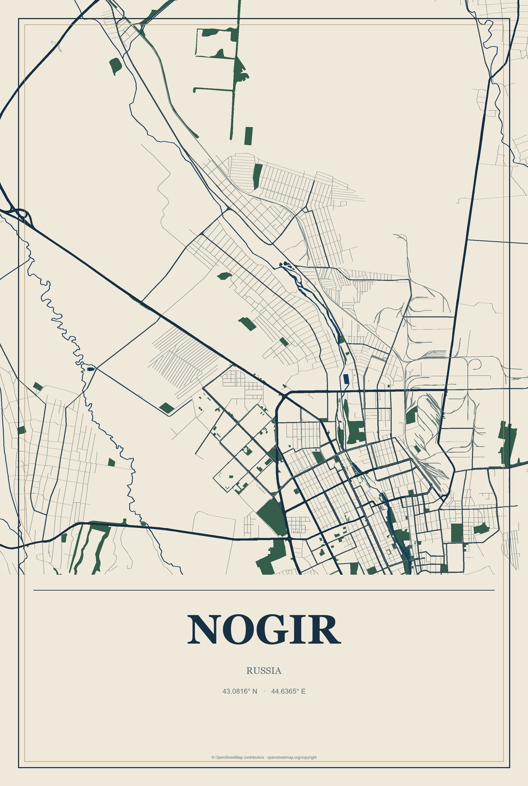 Nogir, Russia City Map Aluminum Sign in Coastal Cutout style