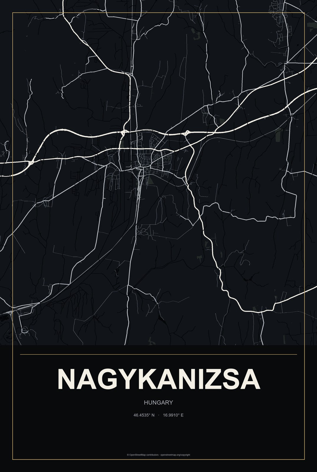 Nagykanizsa, Hungary City Map Aluminum Sign in Metropolitan Noir style