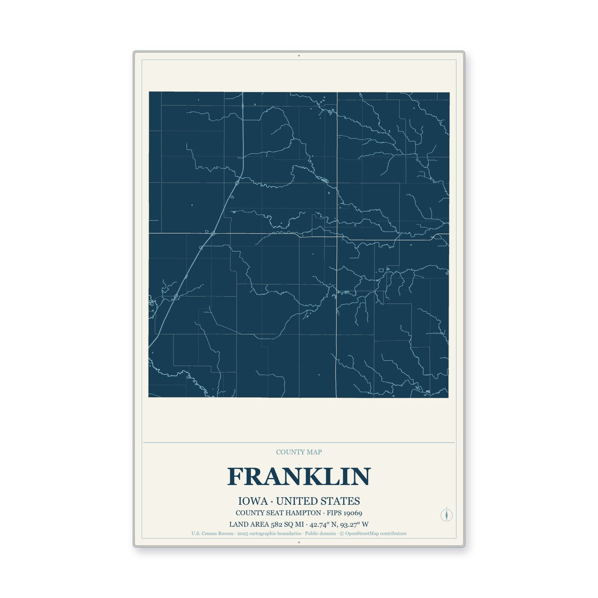 Franklin County, Iowa Map Aluminum Sign in Coastal Cutout style