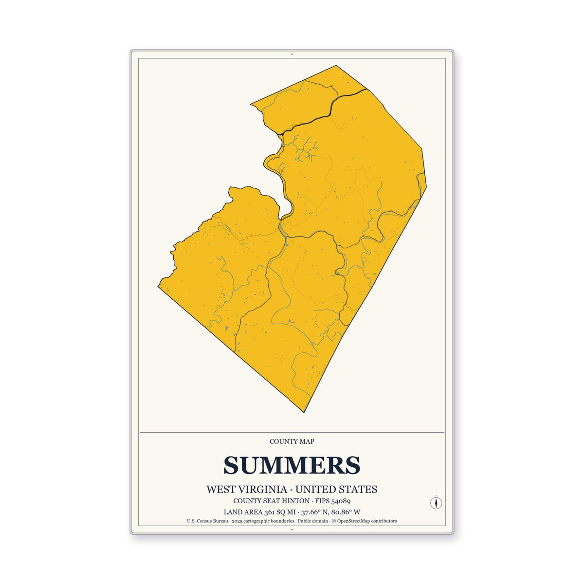 Summers County, West Virginia Map Aluminum Sign in Citrine Modern style