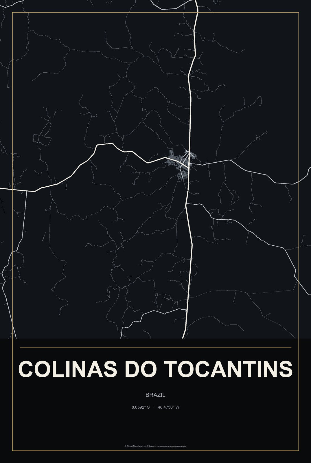 Colinas do Tocantins, Brazil City Map Aluminum Sign in Metropolitan Noir style
