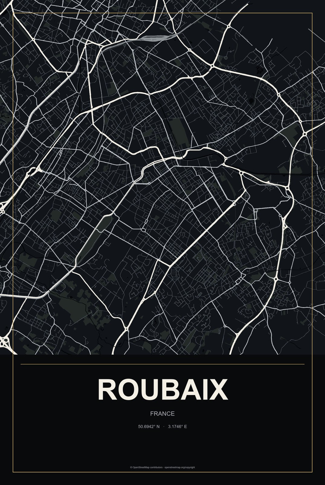 Roubaix, France City Map Aluminum Sign in Metropolitan Noir style