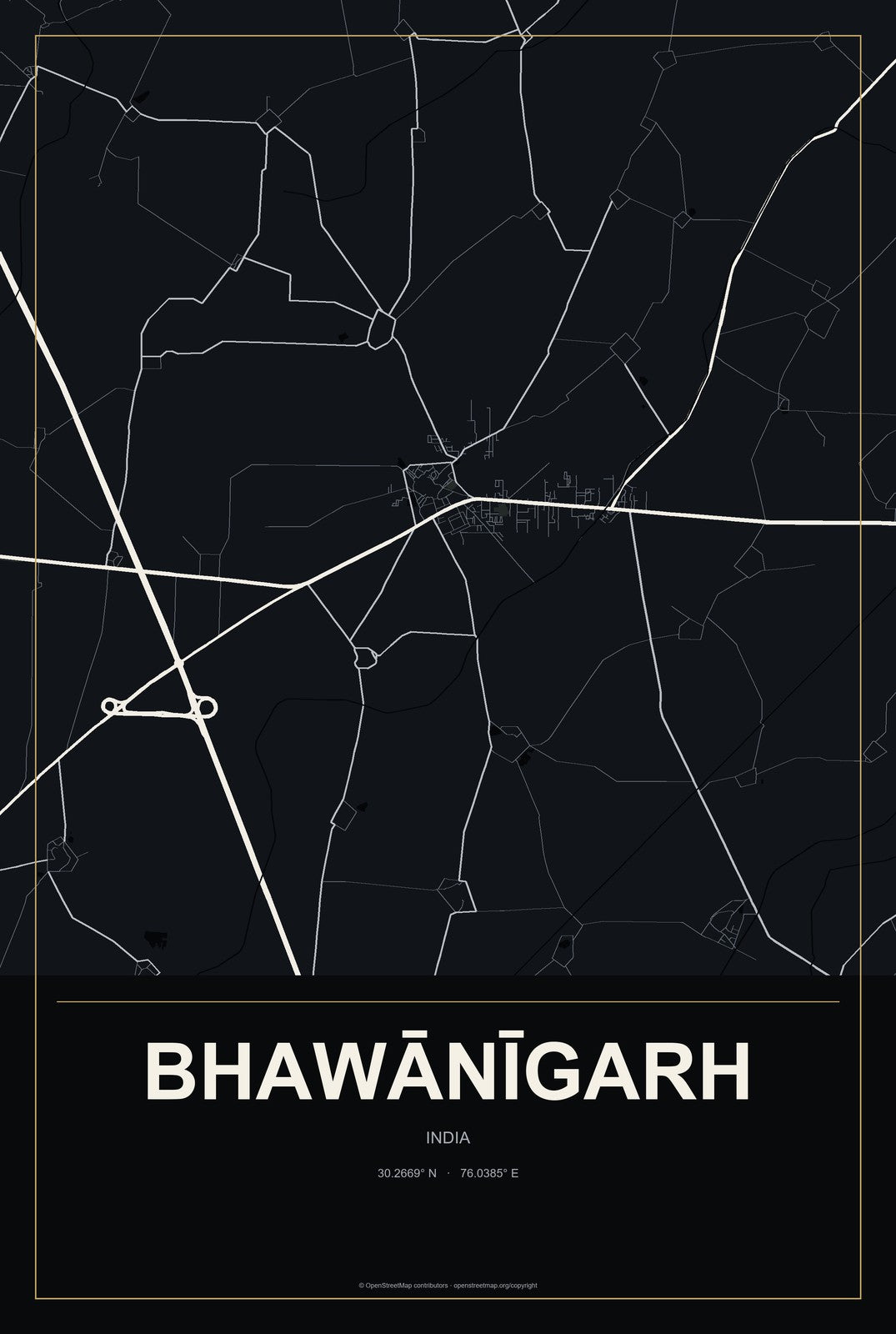 Bhawānīgarh, India City Map Aluminum Sign in Metropolitan Noir style