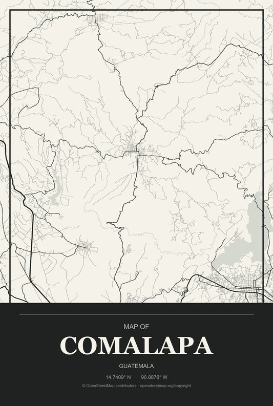 Comalapa, Guatemala City Map Aluminum Sign in Museum Plaque style