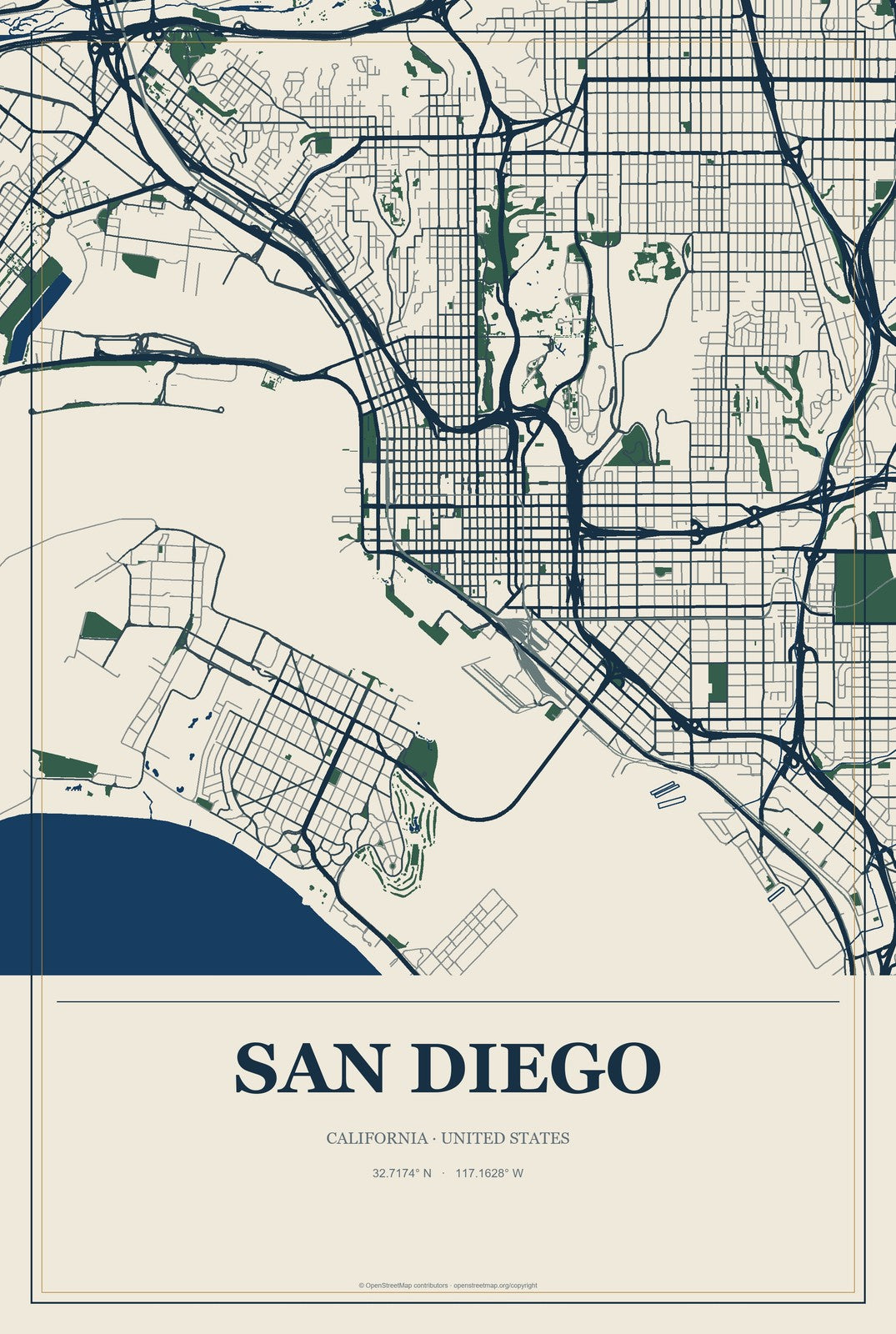 San Diego, California City Map Aluminum Sign in Coastal Cutout style
