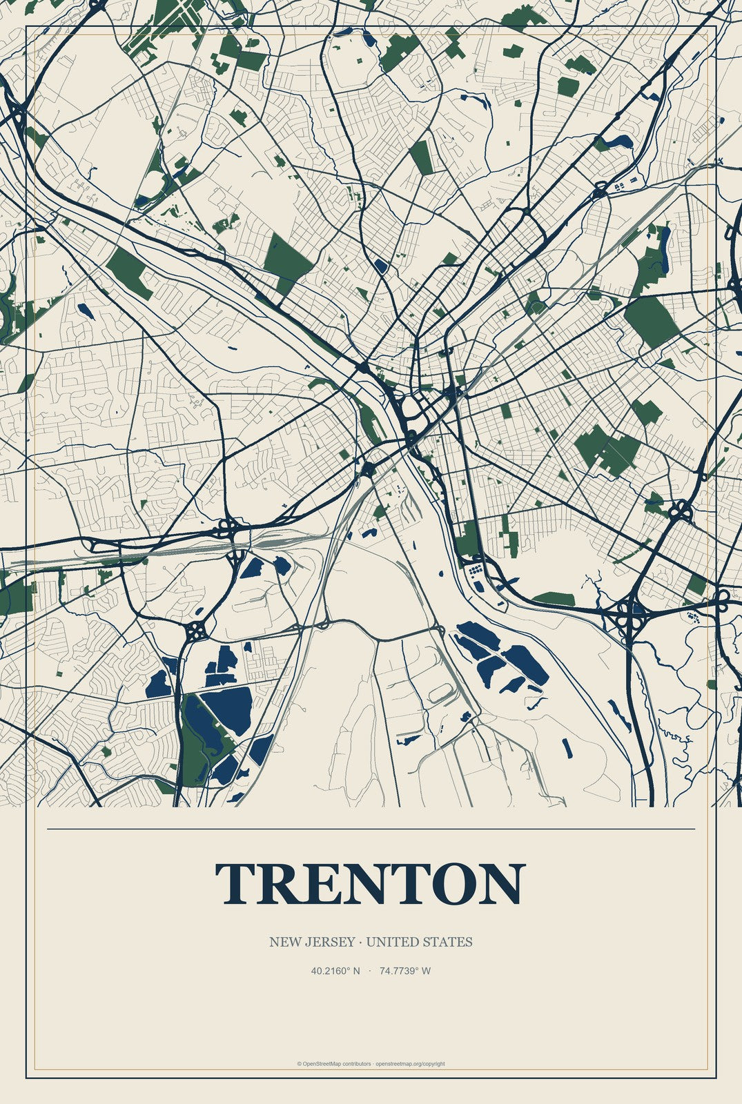 Trenton, New Jersey City Map Aluminum Sign in Coastal Cutout style