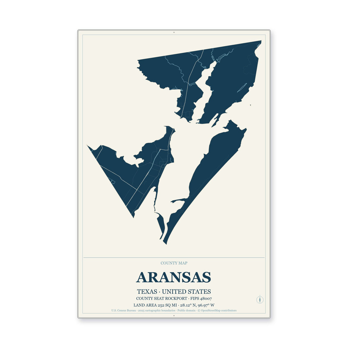 Aransas County, Texas Map Aluminum Sign in Coastal Cutout style