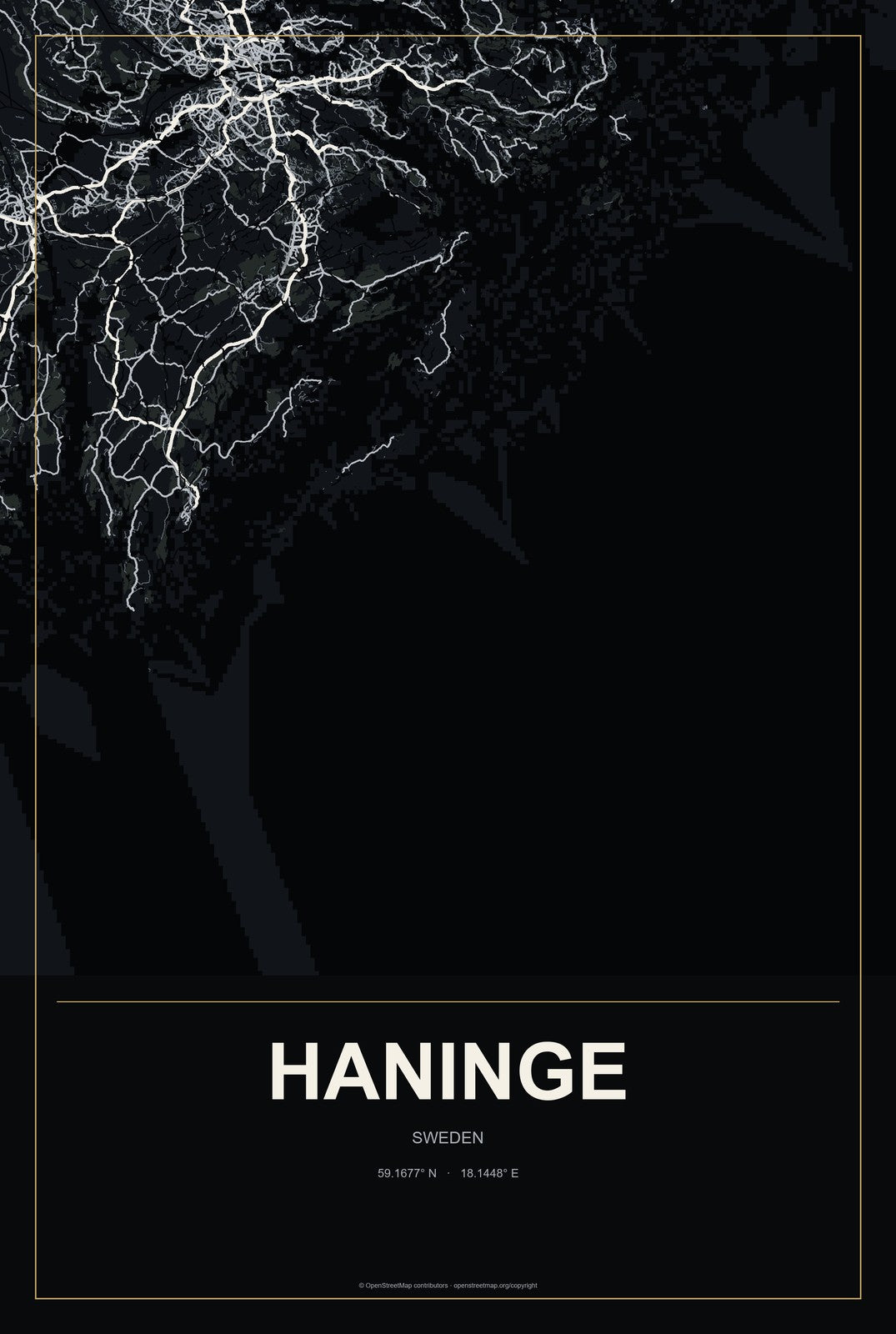Haninge, Sweden City Map Aluminum Sign in Metropolitan Noir style