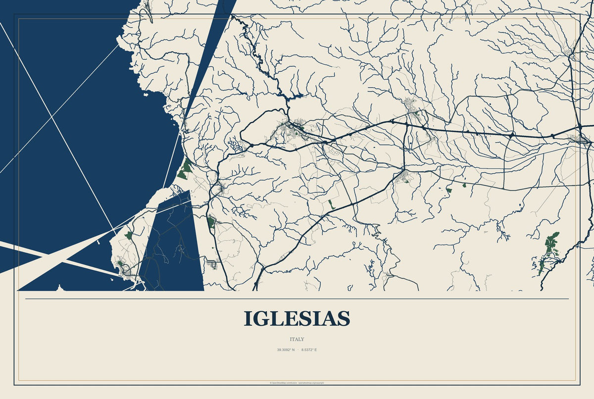 Iglesias, Italy City Map Aluminum Sign in Coastal Cutout style