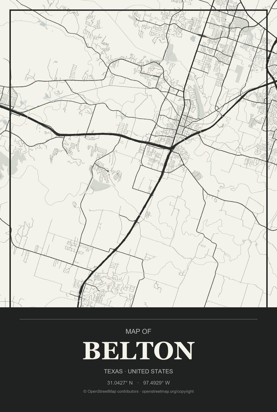 Belton, Texas City Map Aluminum Sign in Museum Plaque style