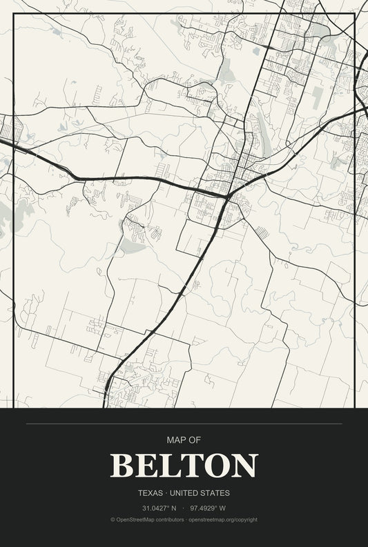 Belton, Texas City Map Aluminum Sign in Museum Plaque style