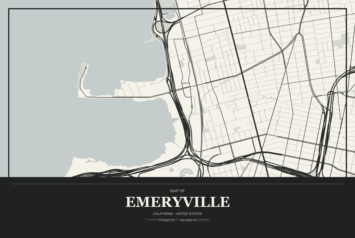 Emeryville, California City Map Aluminum Sign in Museum Plaque style