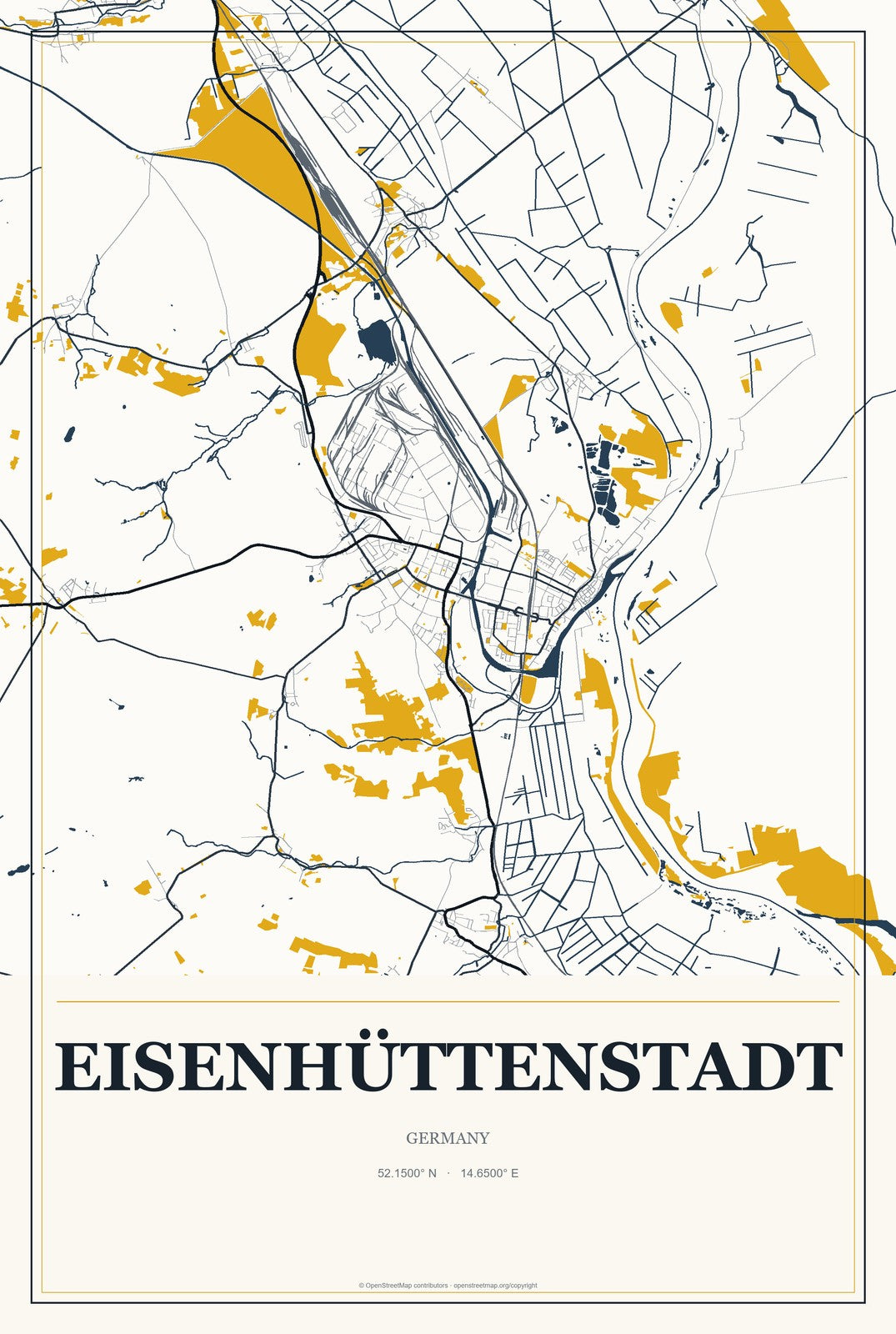 Eisenhüttenstadt, Germany City Map Aluminum Sign in Citrine Modern style