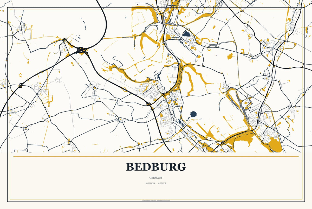 Bedburg, Germany City Map Aluminum Sign in Citrine Modern style