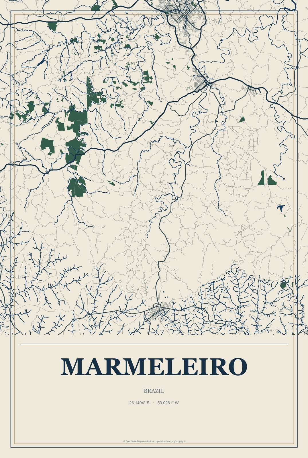 Marmeleiro, Brazil City Map Aluminum Sign in Coastal Cutout style