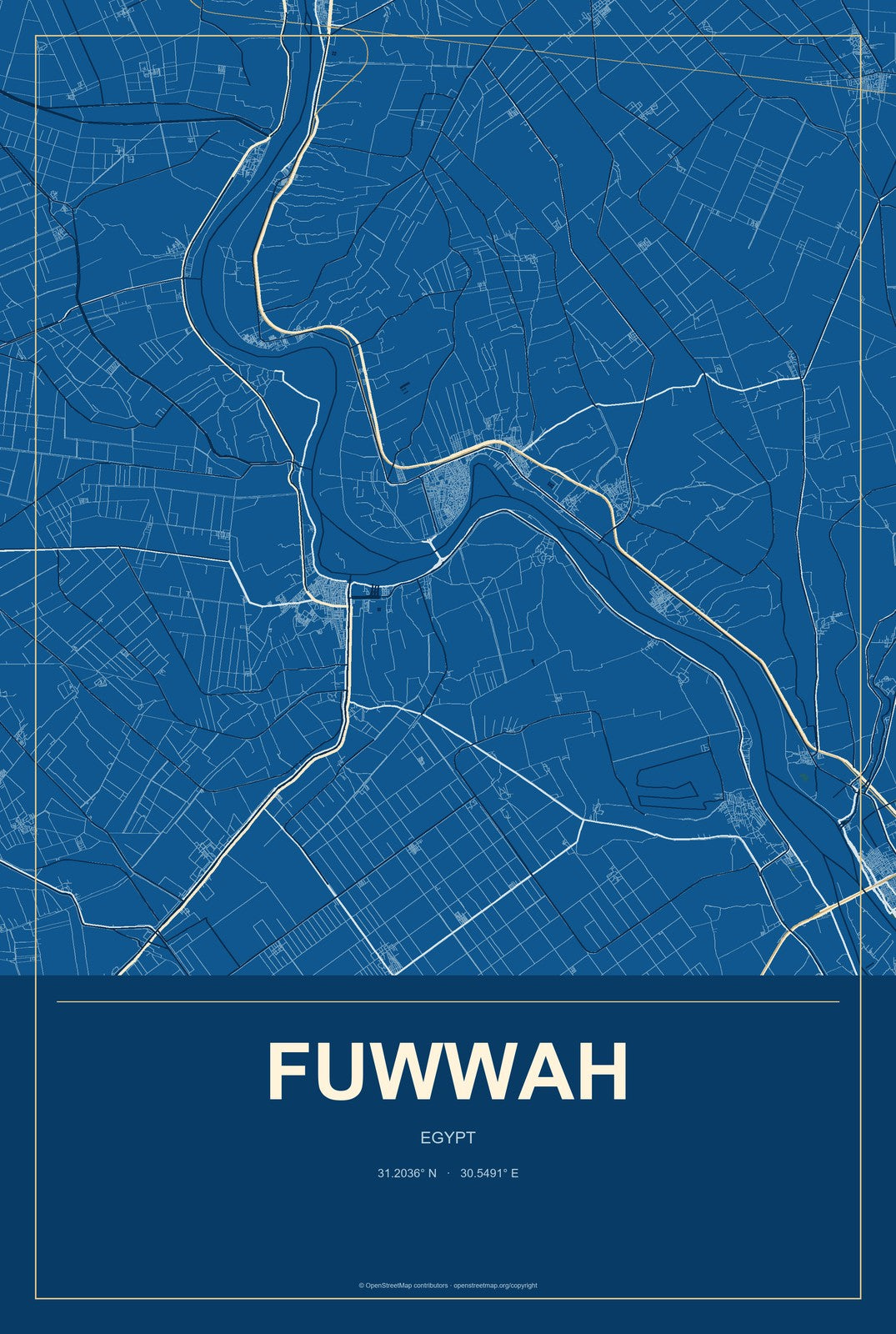 Fuwwah, Egypt City Map Aluminum Sign in Harbor Cobalt style