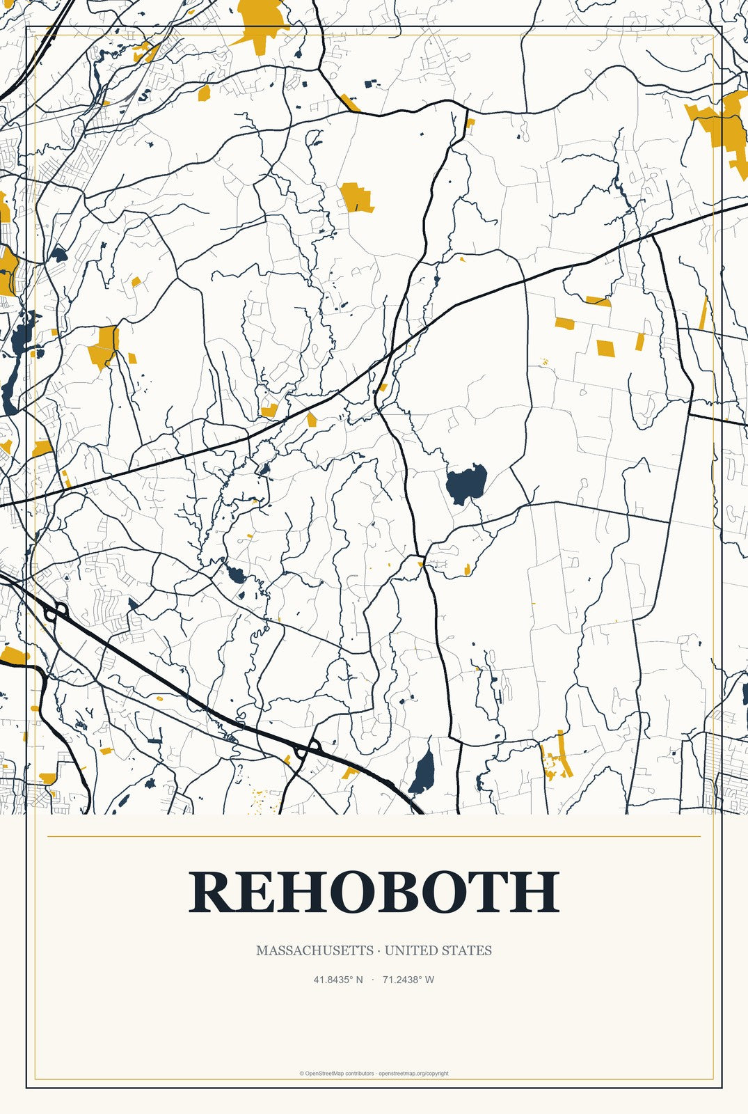 Rehoboth, Massachusetts City Map Aluminum Sign in Citrine Modern style