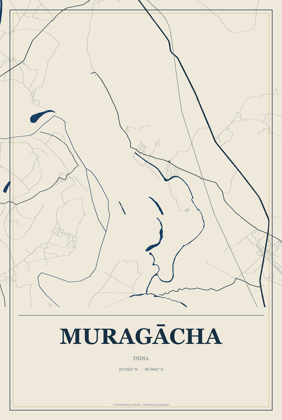 Muragācha, India City Map Aluminum Sign in Coastal Cutout style