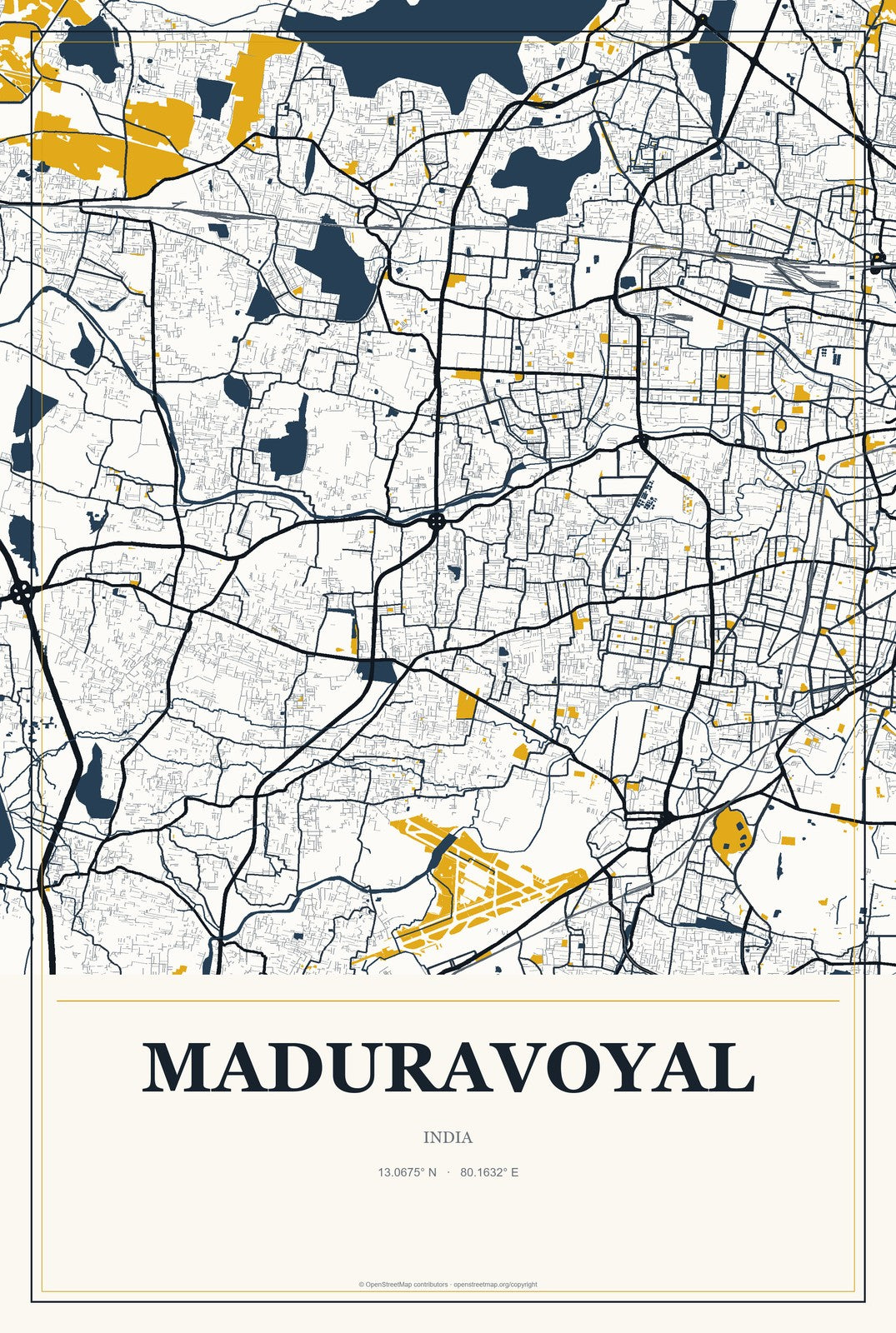 Maduravoyal, India City Map Aluminum Sign in Citrine Modern style